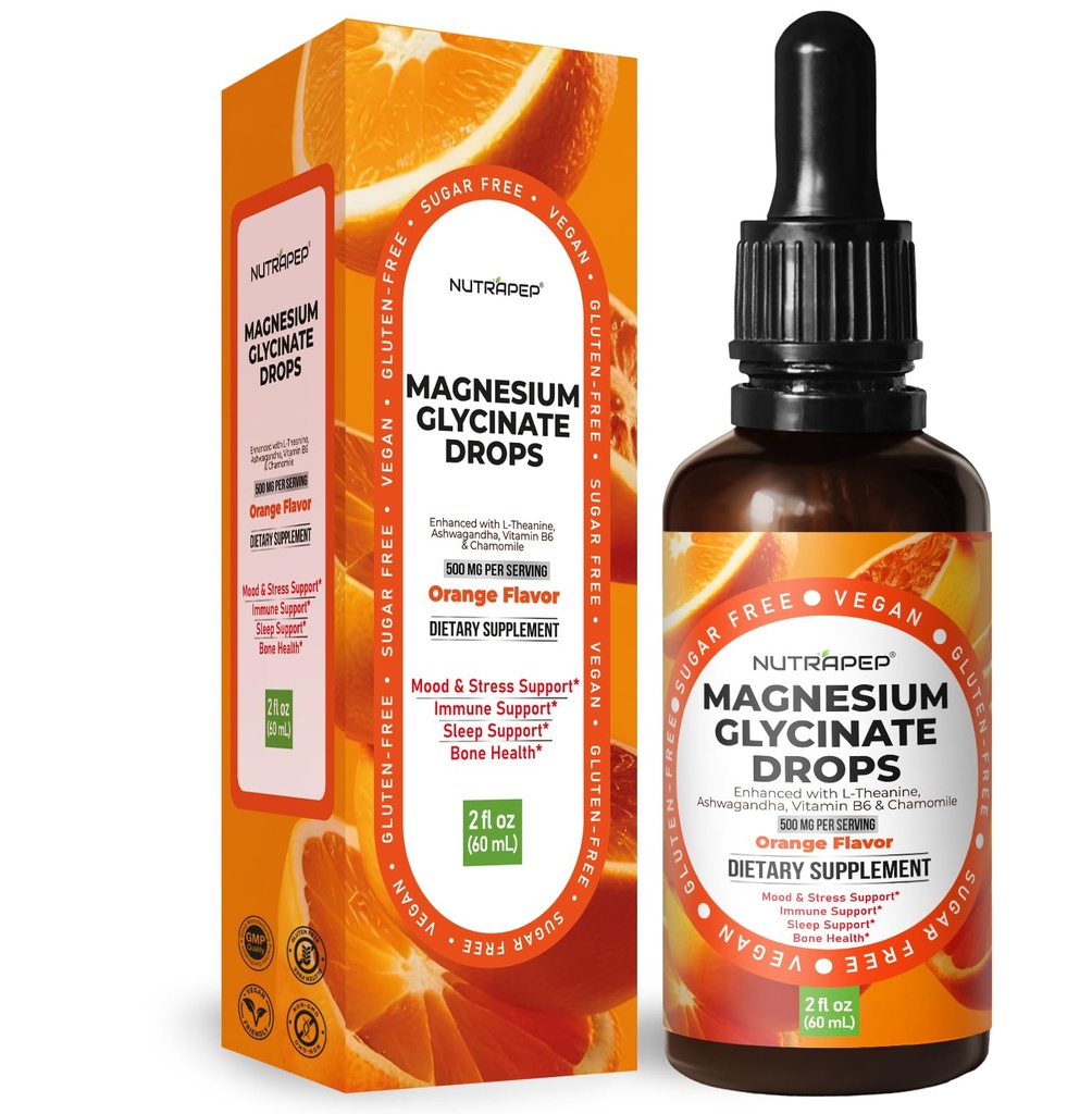 NutraPep Liquid Magnesium Glycinate Drops Supplement - 500mg Cortisol Complex with L-Theanine Ashwagandha Vitamin B6 Chamomile - Wellness Sleep Stress Mood Support for Adults Men Women