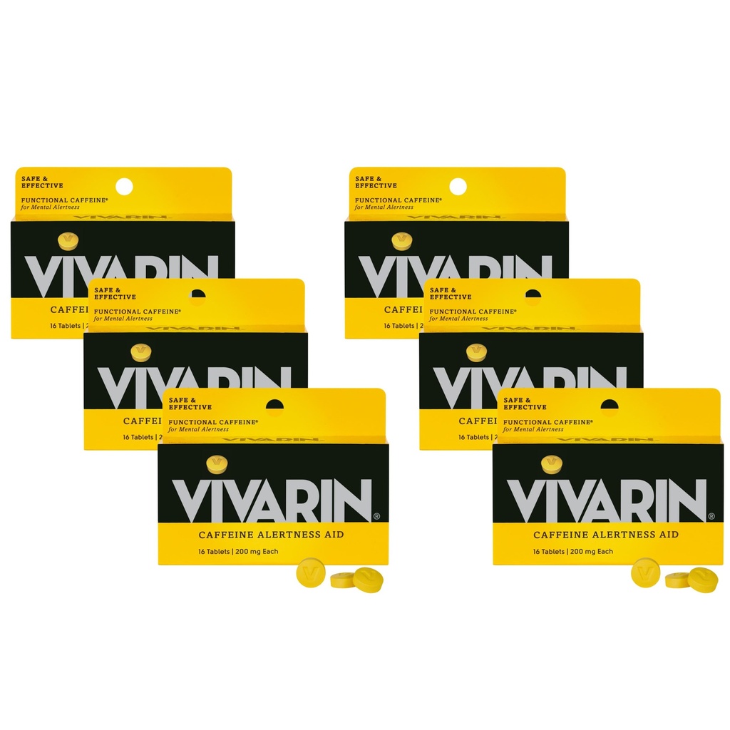 Vivarin, koffein piller, 200mg koffein per dosis, sikkert og effektivt hjælper dig med at holde dig vågen, ingen sukker, kalorier eller skjulte ingredienser, Energy Supplement, 16 tabletter (6 Pack)