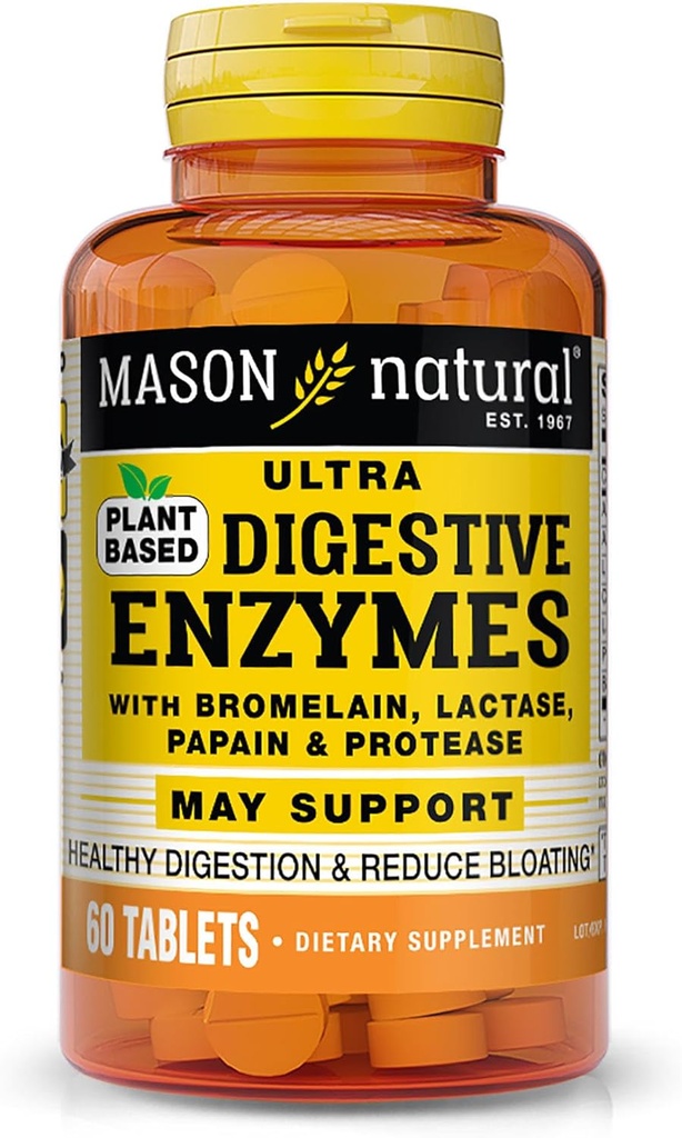Mason Natural Plant- Based Ultra fordøjelsesenzymer, med Bromelain, Lactase & Papain, Understøtter fordøjelse & Bloating Relief, 60 kapsler, pakke med 3