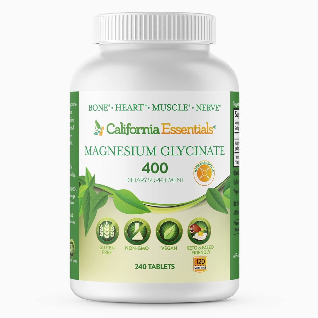 Magnesium Glycinat 400 - Chelated, Høj Absorption Magnesium til muskellindring, Knogle- og hjertestøtte - Vegan, Non- GMO, Gluten- Free 240 tabletter (Servering 120, Servering Størrelse (2) 200 mg tabletter)