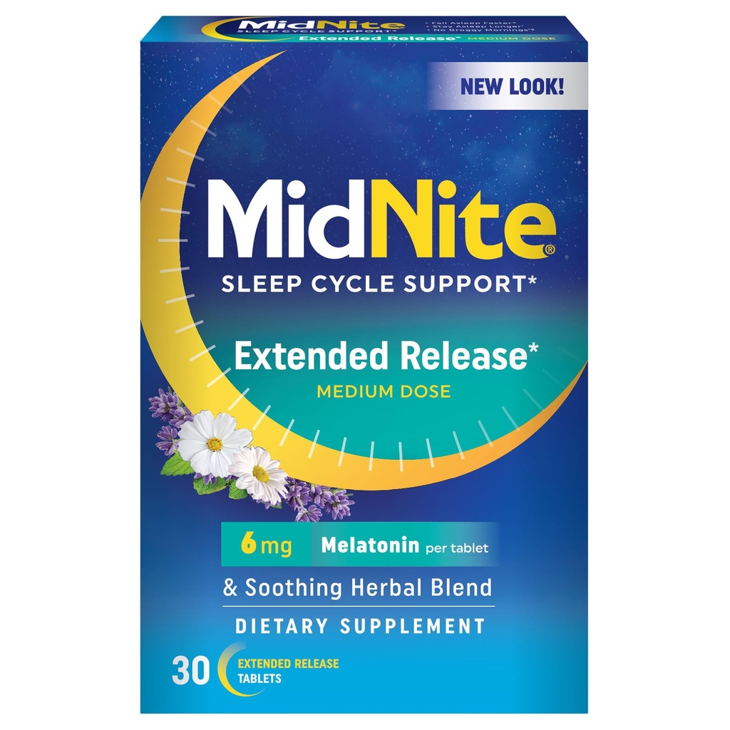 MidNite Extended Release Medium Dosis, 6 mg Melatonin Sleep Aid, Non- Habit Danning, Urtemedicin supplement til voksne, drug- fri, Gluten- fri, Lactose- fri, Vegetar, Vegetar, 30 tabletter