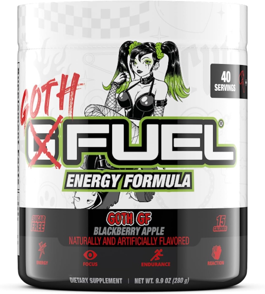 G Fuel Goth GF Energy Drink Powder, Pre Workout Koffein Powder, Energy Powder Drink Mix for Gaming, Sugar Free Focus Amino, Vitamin + Antioxidanter, 9.9oz (Blackberry Apple, 40 Servere)
