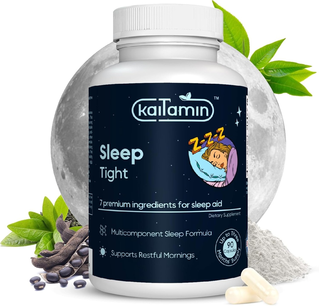 Melatonin Natural Sleep Aid, Theanin, 5-HTP, GABA, Mucuuna pruriens, Phellodendron og Magnesium til Sleep & Stress Support, 90 Kapsler 45 dages forsyning - 7 i 1 Sleep Aid