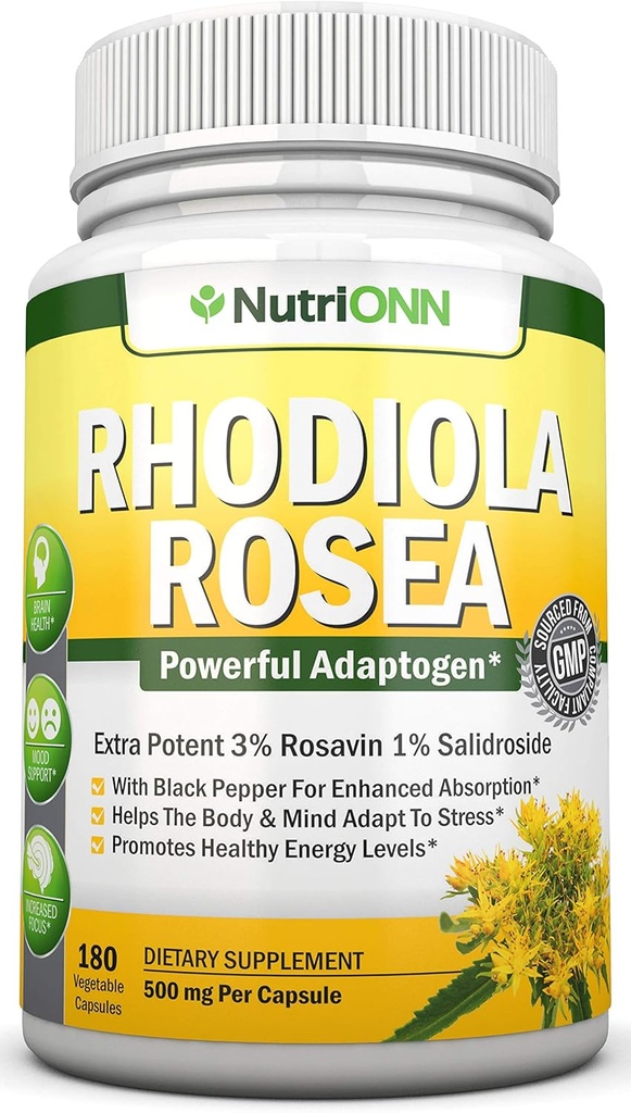 Rhodiola Rosea - 500mg - 180 Vegankapsler - 3% Rosavin 1% Salidroside Extract - Non-GMO - med sort peber til forbedret absorption - 6 måneders forsyning - Supplement for Energy & Stamina