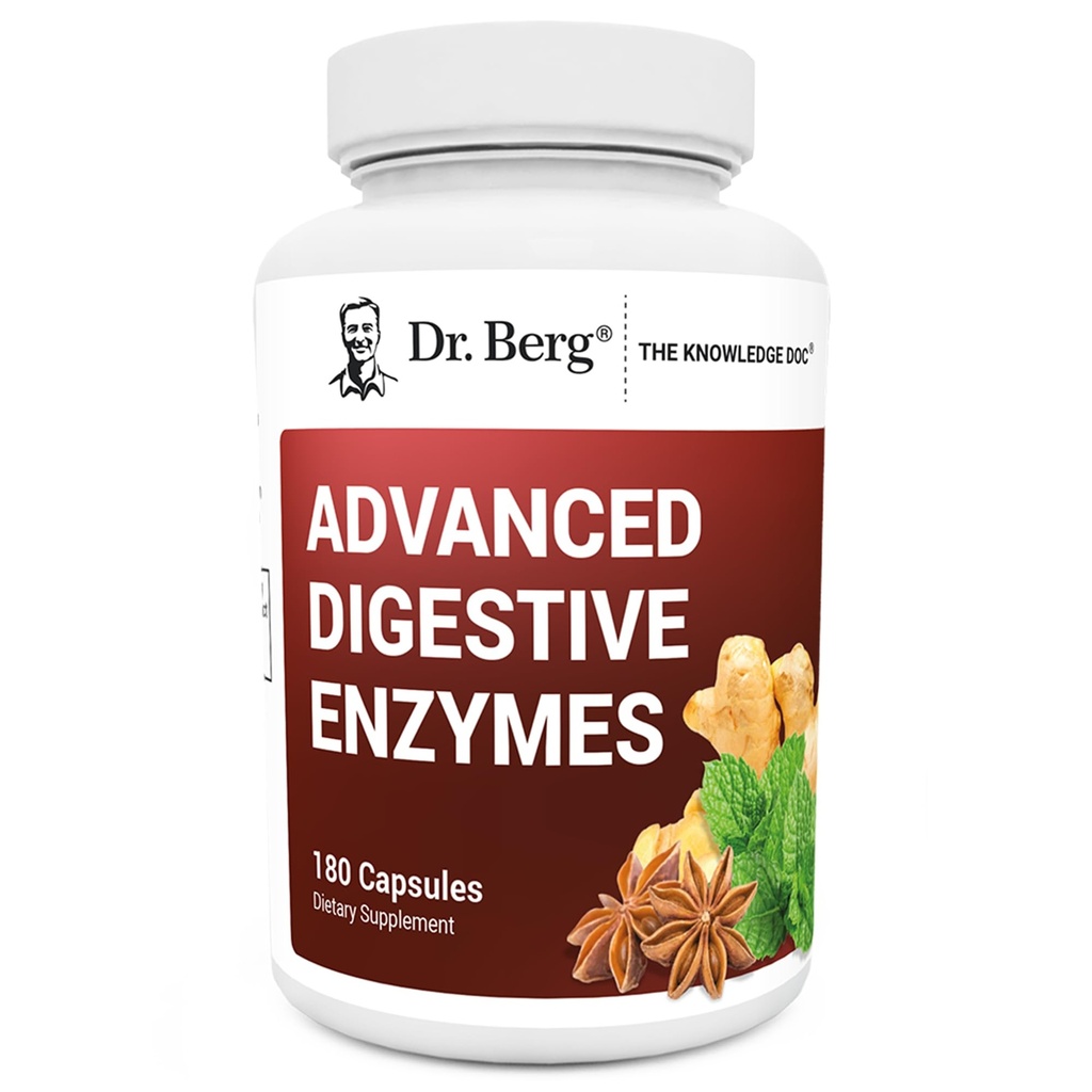 Dr. Berg avancerede fordøjelsesenzymer med Apple Cider Vinciale - Inkluderer fordøjelsesmæssige sundhedsmæssige ingredienser som Betaine Hydrochlorid (HCI), Ginger Root & Pebermynte Leaf - 180 kapsler