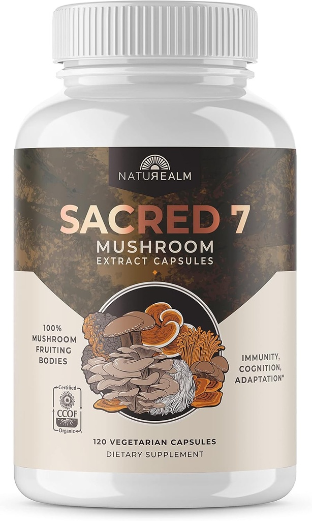Natuarige Sacred 7 Organic Mushroom Powder for Coffee - Premium Mushroom Supplement Blend med Lions Mane, Reishi, Chaga - USDA Organic Daily Wellness Blend (120 Greve (pakke med 1), Sacred 7)