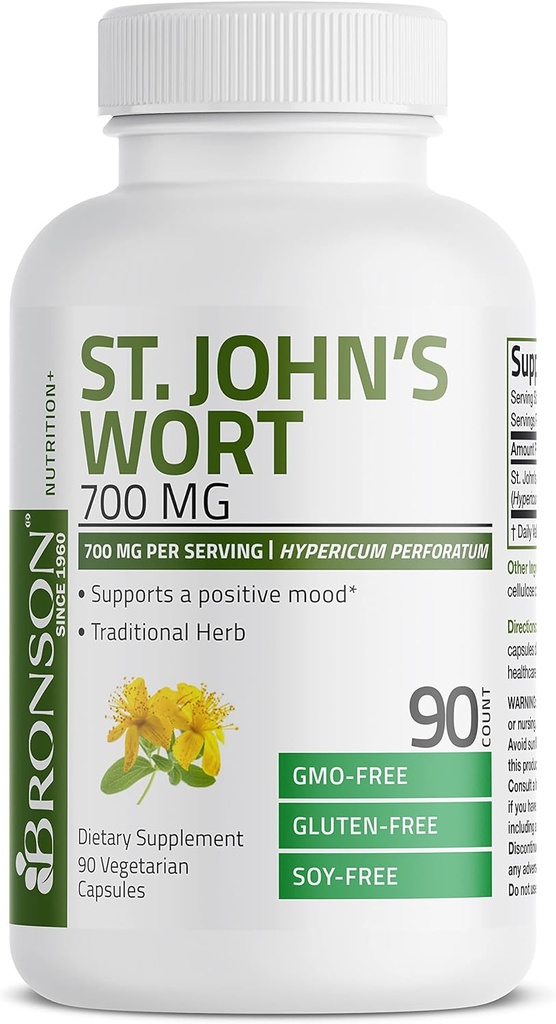 Bronson St. John 's Wort 700 MG per servering Hypericum Perforatum Understøtter et positivt mod - Non- GMO, 90 Vegetariske kapsler