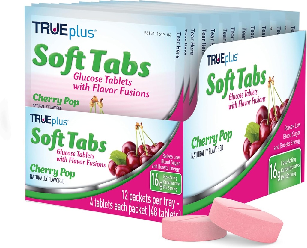 TRUEplus ® Soft Tabs Glucose Tablets - 12 pakker - 48 faner (Cherry Pop)