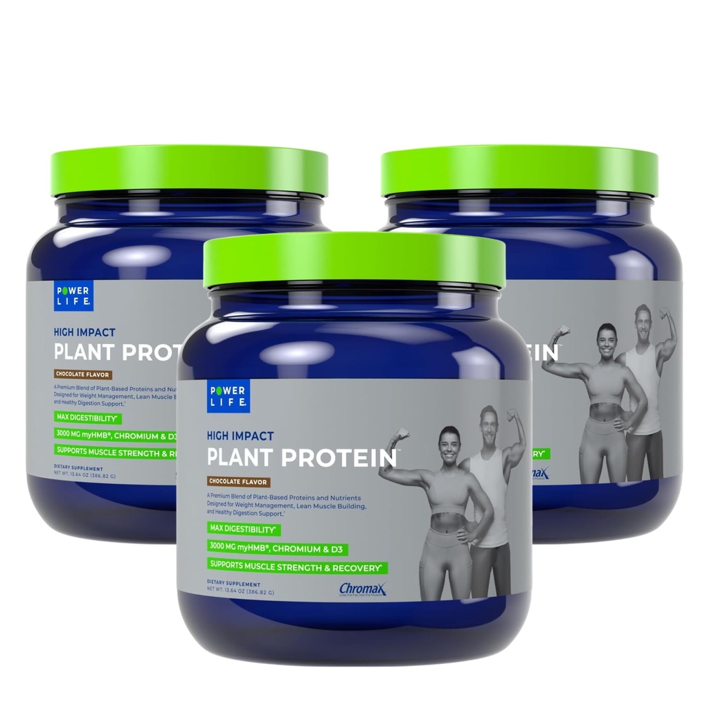 POWERLIFE High Impact Plant Protein Powder with 3000 MG of HMB, Plant-Based, No Sugar Added, Vegan, Keto Friendly, Non-GMO (Chocolate - New Formula) - 3 Pack