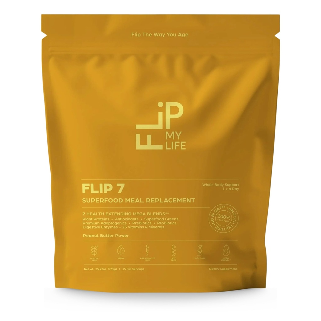 Flip My Life, Flip 7 Natural SuperFood, Plant-Based Protein, Complete Meal Replacement to Support Healthy Gut, 7 Mega Nutrient Rich Blends all in one to AGE BETTER - Peanut Butter