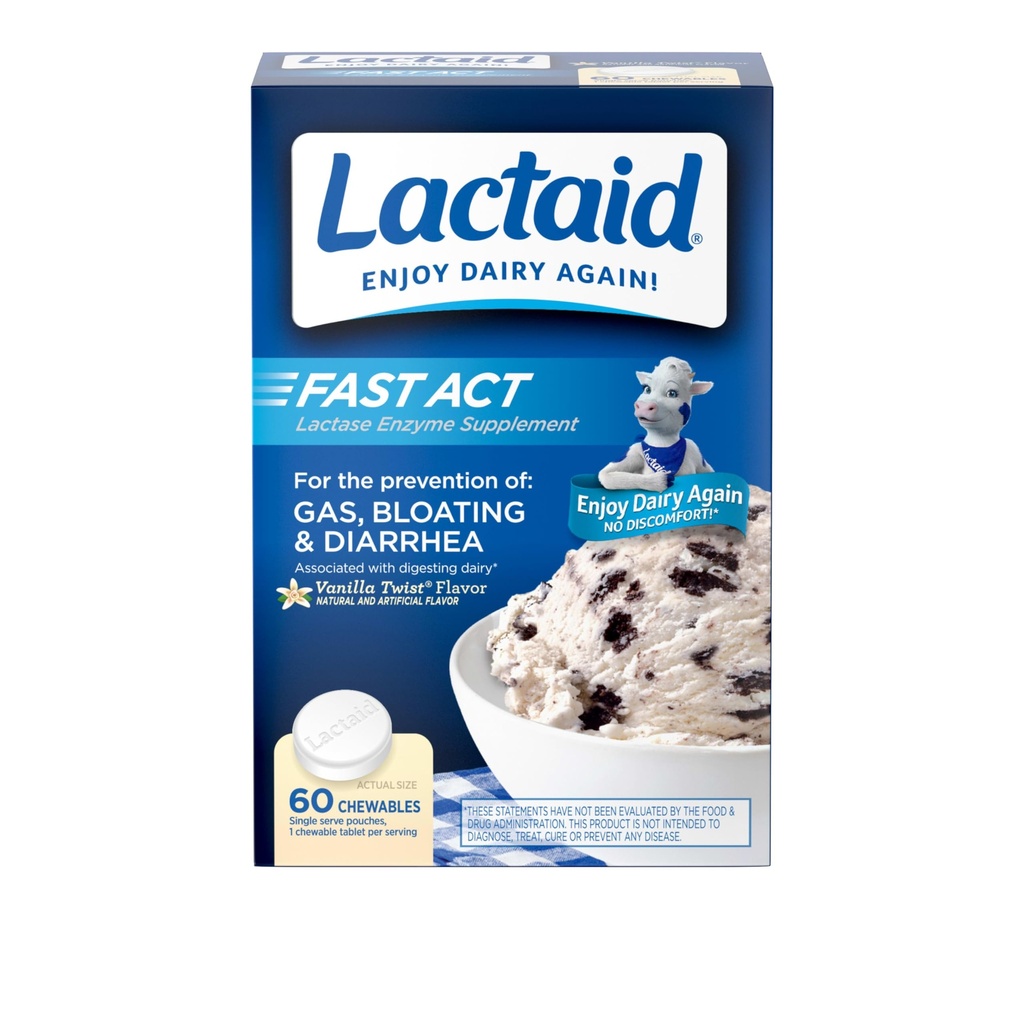 Lactaid Fast Act Lactose Intolerance Relief Chewables with Natural Lactase Enzyme to Forevent Gas, Bloating & Diarré På grund af lactose følsomhed, On- the- Go, Vanilla Twist Flavor, 60 x 1 ct