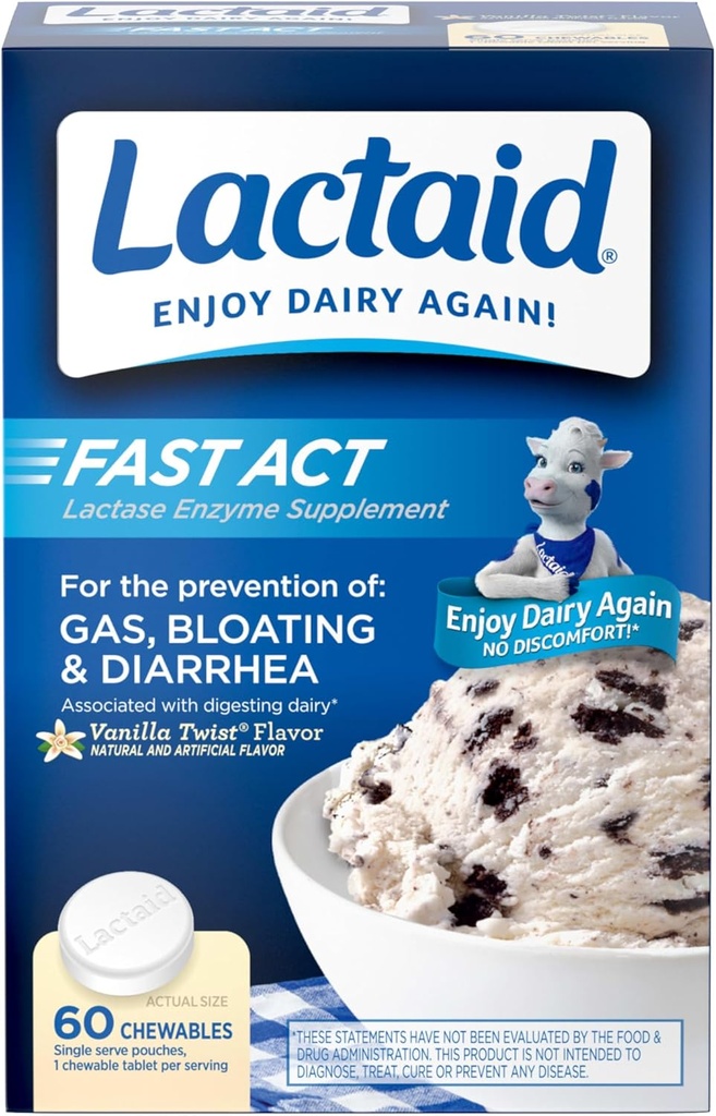Lactaid Fast Act Lactose Intolerance Relief Chewables with Natural Lactase Enzyme to Forevent Gas, Bloating & Diarré På grund af lactose følsomhed, On- the- Go, Vanilla Twist Flavor, 60 x 1 ct