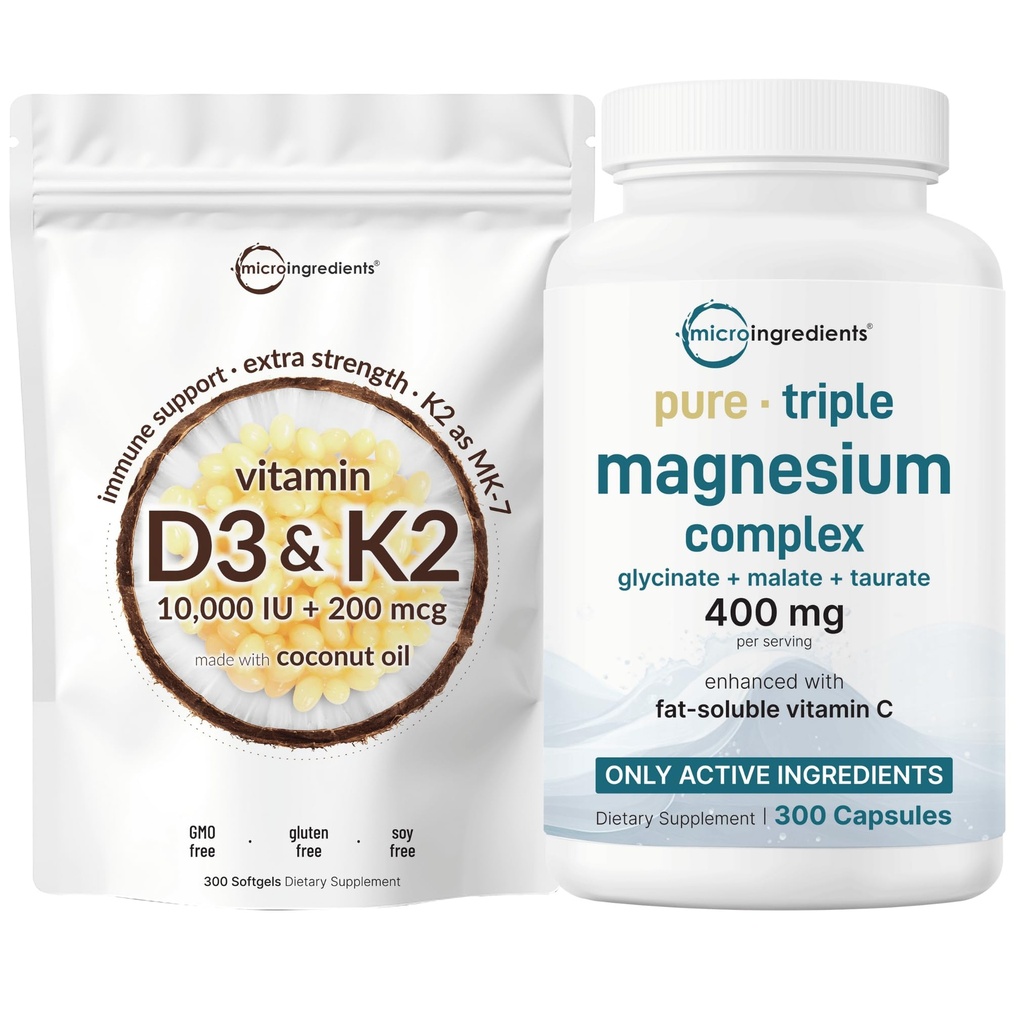 Micro Ingredients Vitamin D3 10,000iu + K2 200mcg Softgels & Pure Triple Magnesium Complex 400mg Capsules | 2 Pack Bundle | Essential D & K Sunshine Vitamins | Glycinate, Malate, & Taurate Forms