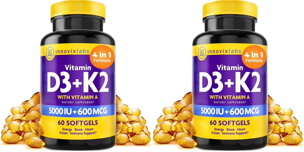 InnovixLabs Vitamin D3 K2-5000 IU Vitamin D3 Plus 600 mcg Vitamin K2 MK4 and MK7 for Max Calcium Absorption, Supports Bone, Immune, Heart Health, 3rd Party Tested, Gluten Free, 60 Softgels (Pack of 2)