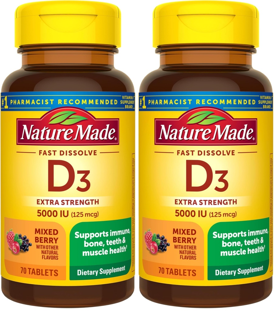 Nature Made Vitamin D3 5000 IU (125 mcg) Extra Strength, Vitamin D Supplement for Immune Support, 70 Sugar Free Fast Dissolve Tablets, 70 Day Supply, (Pack of 2)