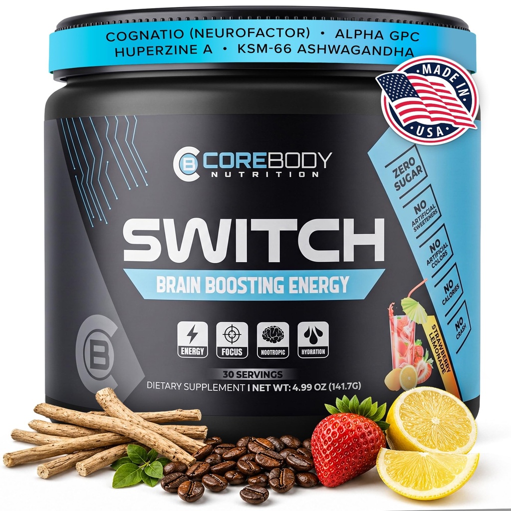 Switch, Brain Boosting Nootrop Energy Supplement Powder - Made in USA - Alpha GPC, NALT, Ashwagandha, Sugar Free Energy, Keto, Øge Mental Focus & Kognitiv funktion, Forbedrer Mood & Hukommelse