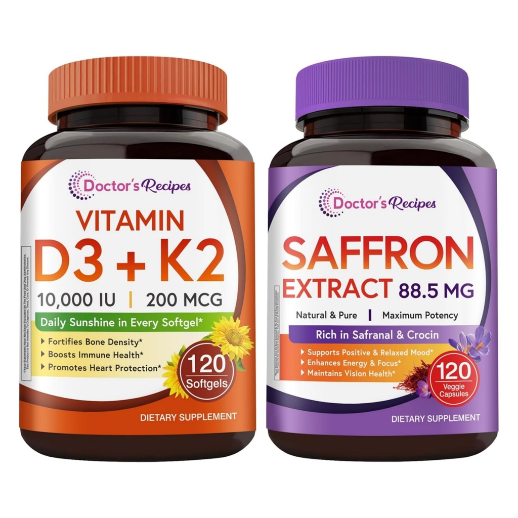 Doctor's Recipes D3 K2 + Saffron Bundle (Pack of 2) | Vitamin D3 K2 10,000 IU (Item 1) & Saffron Extract Supplement (Item 2) | 120 Softgels + 120 Capsules