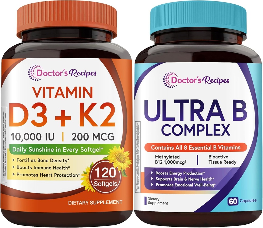 Doctor's Recipes Vitamin D3 K2 + Ultra Vitamin B Complex Bundle, 10,000 IU D3 with MK-7, Complete B Vitamins with B12 Methylcobalamin, Daily Energy & Wellness Support, Non-GMO, 180 Capsules