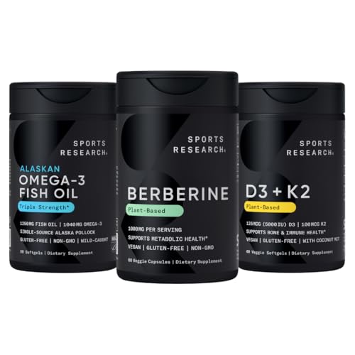 Sports Research® Body Wellness Pack - Vegan Berberine & Vitamin D3 + K2 Supplements complemented by Triple Strength Omega-3 Fish Oil with EPA & DHA Fatty Acids (One Softgel per Day Recommended)