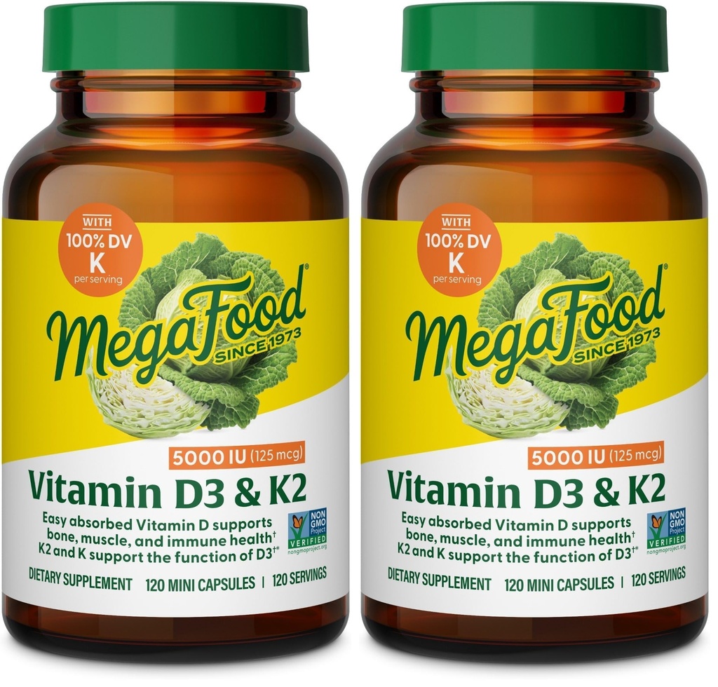 MegaFood Vitamin D3 5000 IU (125 mcg) - Vegetarian Supplements with Vitamin D3 K2 - Supports Bones, Teeth, Muscles & Immune Health - Certified Non-GMO - 120 Mini Capsules, 120 Servings (Pack of 2)