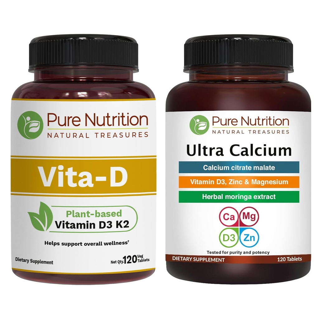 Pure Nutrition Vitamin D3 K2 + Ultra Calcium | Plant-Based D3 from Lichen | 120 Tablets Each