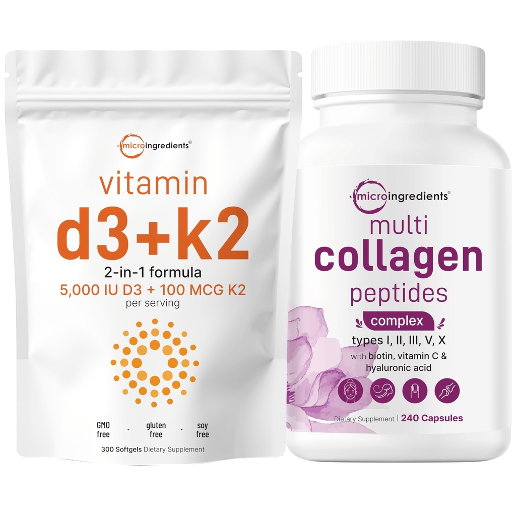 Micro Ingredients Vitamin D3 5,000iu + K2 100mcg Softgels & Multi Collagen Complex 240 Capsules Bundle 2 Pack | Essential Sunshine Vitamins | Hydrolyzed Protein Peptides
