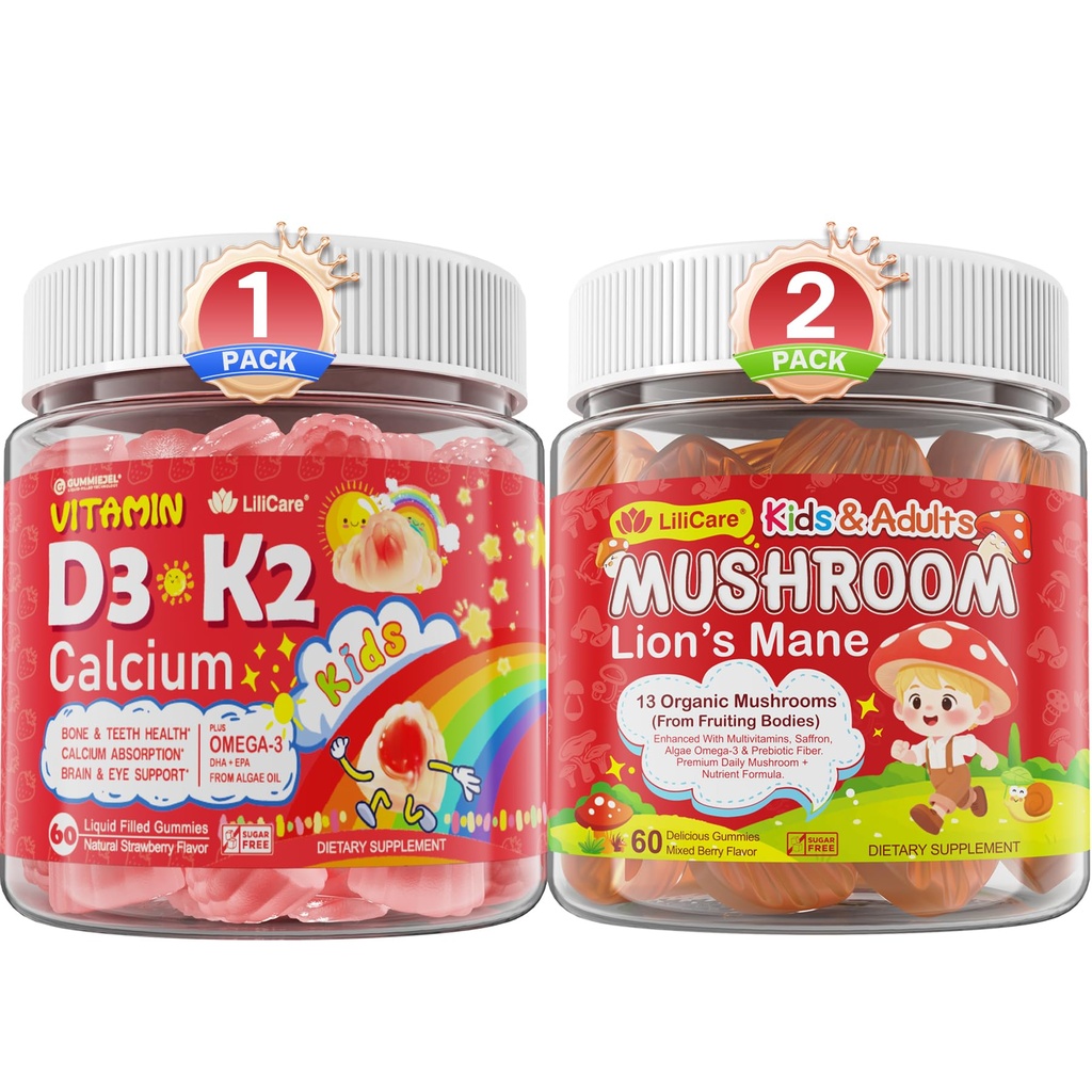 LILICARE Bundle: Mushroom Lions Mane + Vitamin D3 K2 Calcium Gummies