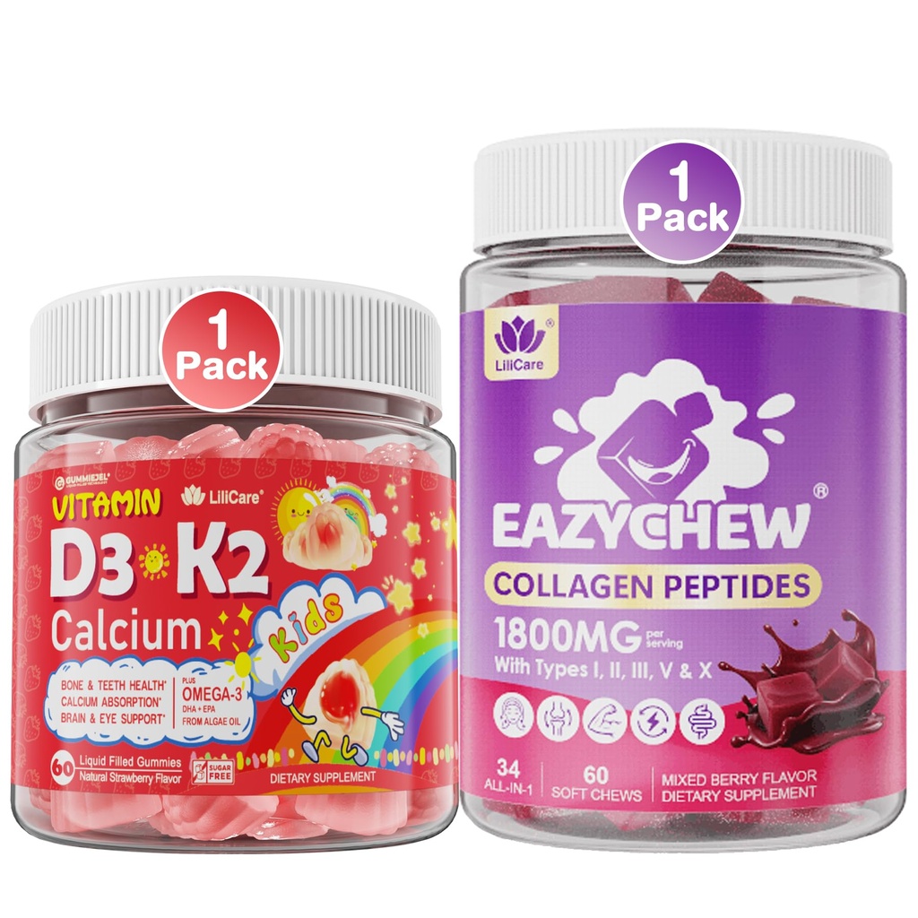 LILICARE Vitamin D3 K2 + Calcium Liquid-Filled Gummies for Kids & Teens + Collagen Peptides Soft Chews 3000mg for Women & Men