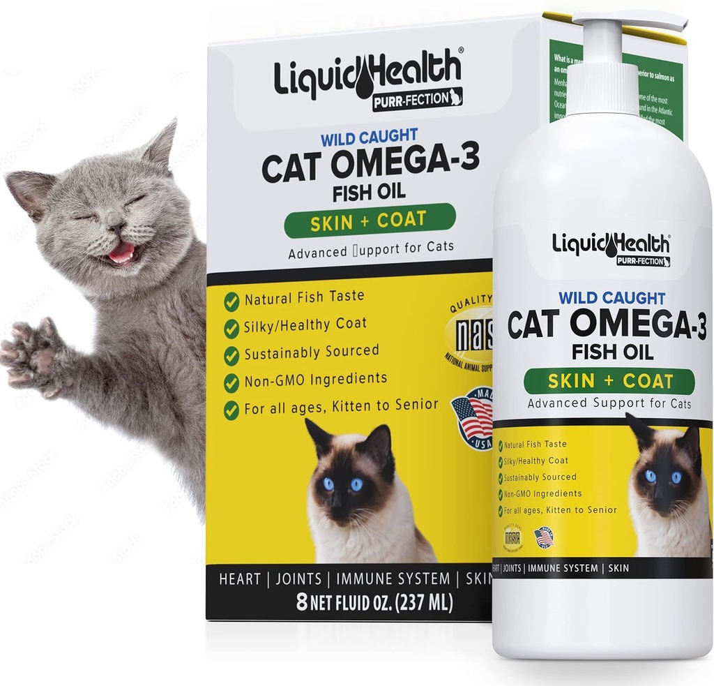 Flydende sundhed Kæledyr Wild fanget Omega 3 Fiskeolie til katte - Flydende Omega 3 supplement til katte med EPA + DPA + DHA - Reducer kløen, Støtte Fælles, Immunitet, Brain, Heart Health - Made in The USA (8 oz)