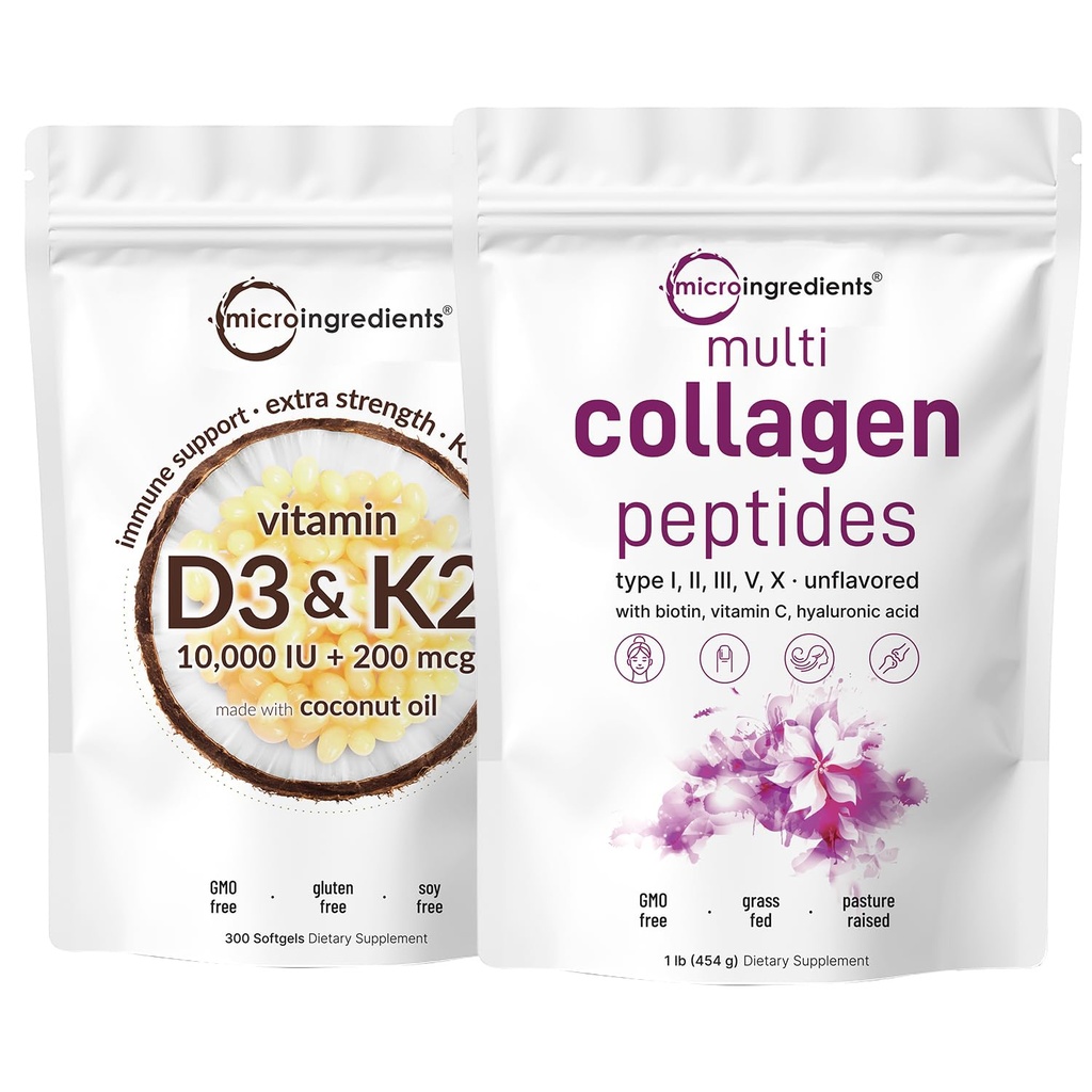 Micro Ingredients Vitamin D3 10,000iu + K2 200mcg Coconut Oil Softgels & Multi Collagen Protein Powder Bundle 2 Pack | Essential Sunshine Vitamins | Grass-Fed Collagen Peptides
