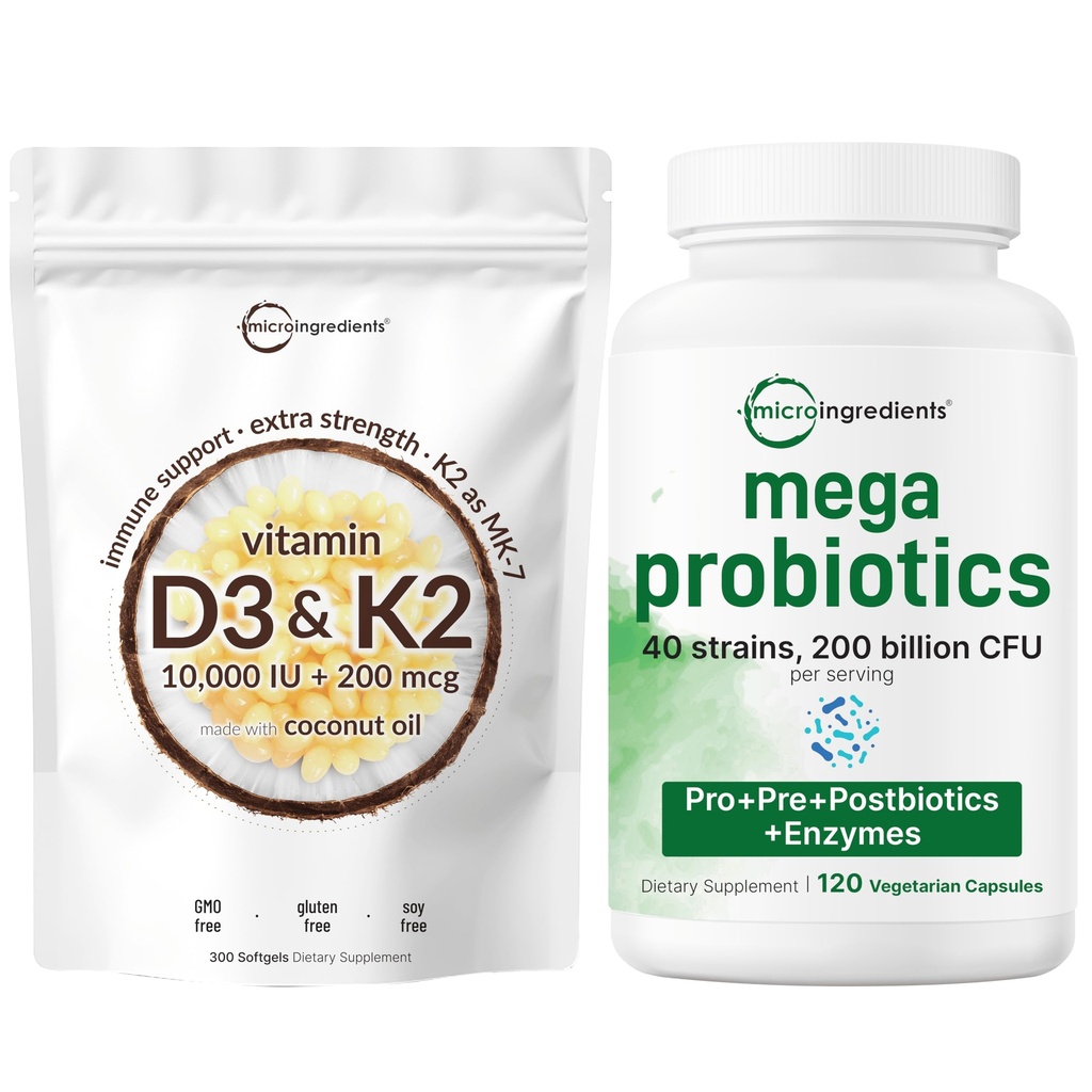 Micro Ingredients Vitamin D3 10,000iu + K2 200mcg Softgels & Mega Probiotics 200 Billion CFU Veggie Capsules | 2 Pack Bundle | D & K Sunshine Vitamins | 40 Strains + Inulin, Acacia, & Bromelain