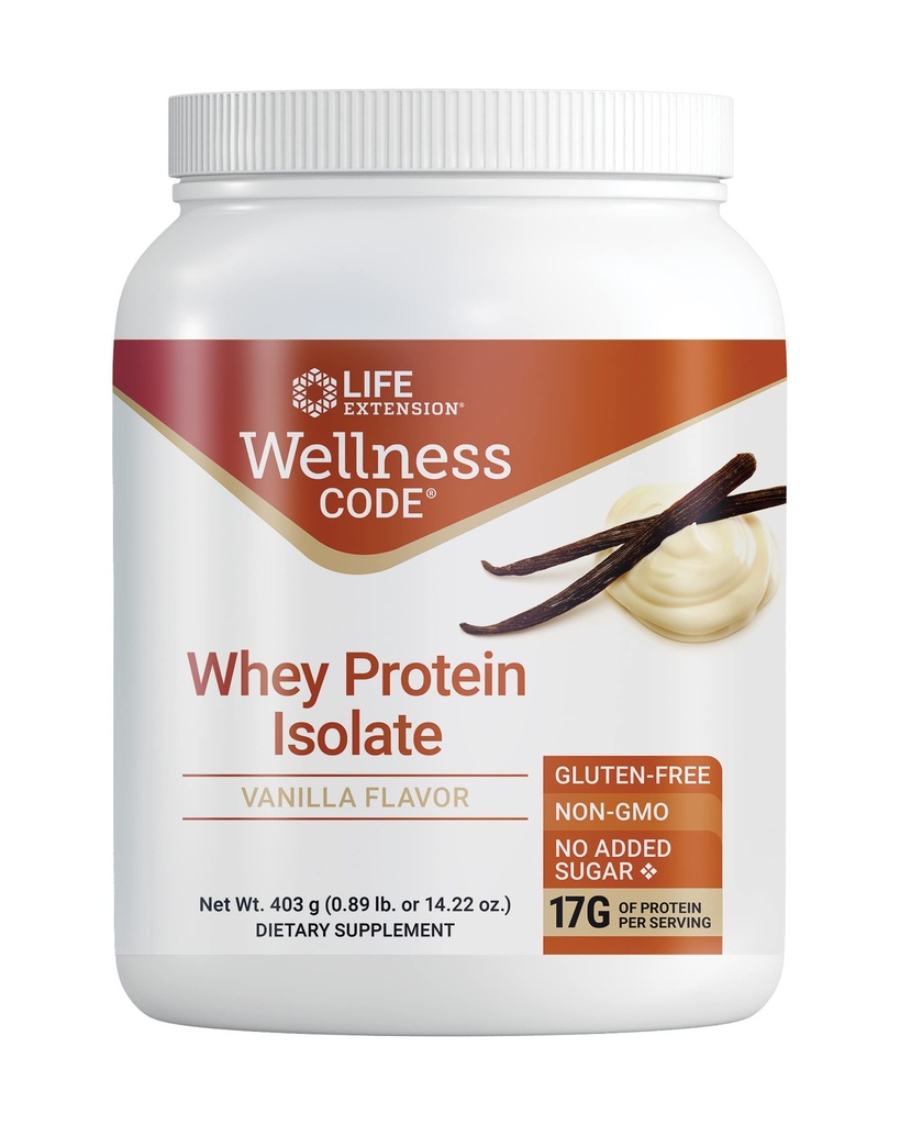 Life Extension Wellness Code ® Whey Protein Isolate (Vanilla), Protein og brandet- Chain Aminosyrer til muskelvækst og immunforsvar, ingen sukker tilsat, Gluten Free, Non- GMO, 403 Bedste (20 Servere)