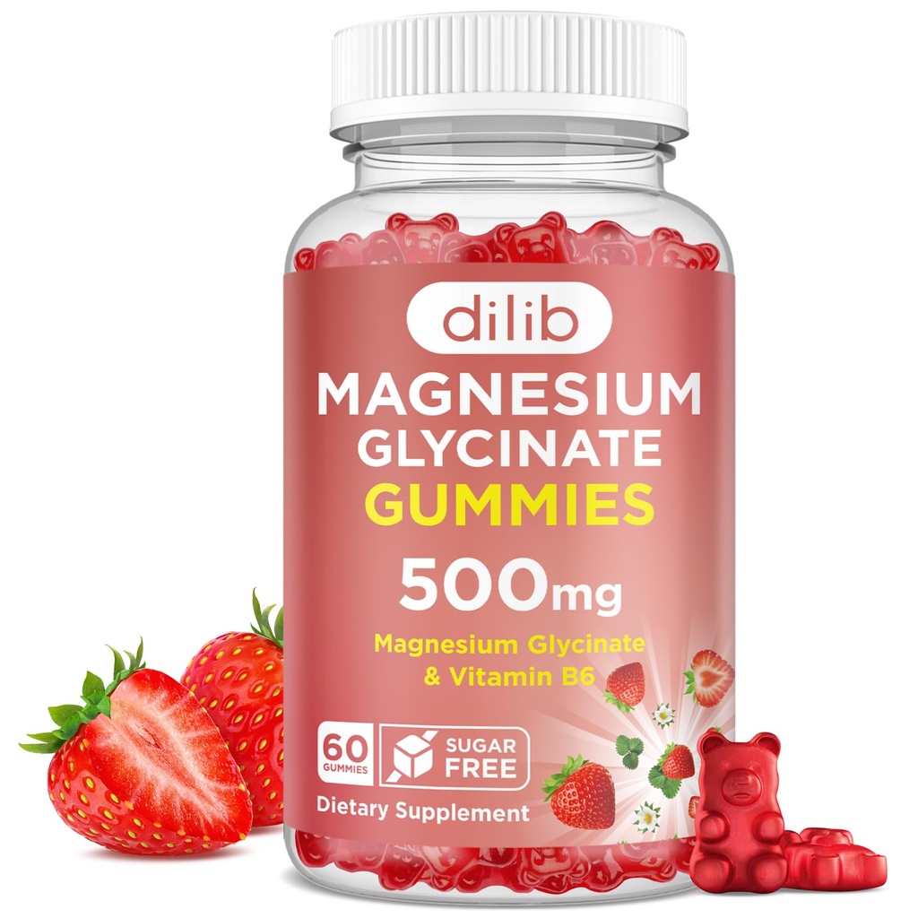 Magnesium Glycinate Gummies 500 mg - Magnesium tillæg med vitamin B6 til voksne & Magnesium til børn - Rolig Magnesium til søvn, Mood, Muskelstøtte - Strawberry Flavor, 60 Gummies