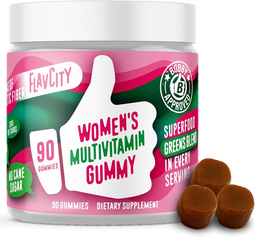 FlavCity Dame Multivitamin Gummy - Daglige Multivitamin Gummy for Kvinder - Premium Vitamin, Minerals & Prebiotic Fiber - Ingen sukkerrørs- eller frøolie - Økologisk Wheatgrass, Moringa & mere (90 Gummies)