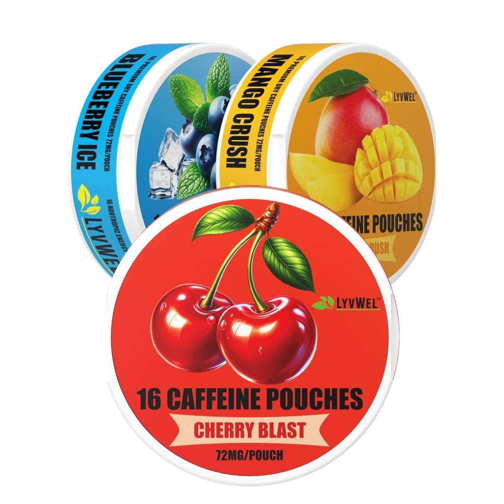 LyvWel 72mg koffein Energy Pouches - Cherry Blast, Blåbær Is, Mango Crush - Clean Energy with Guarana for Focus & Stamina - 3-Pack (48 Total Pouches)