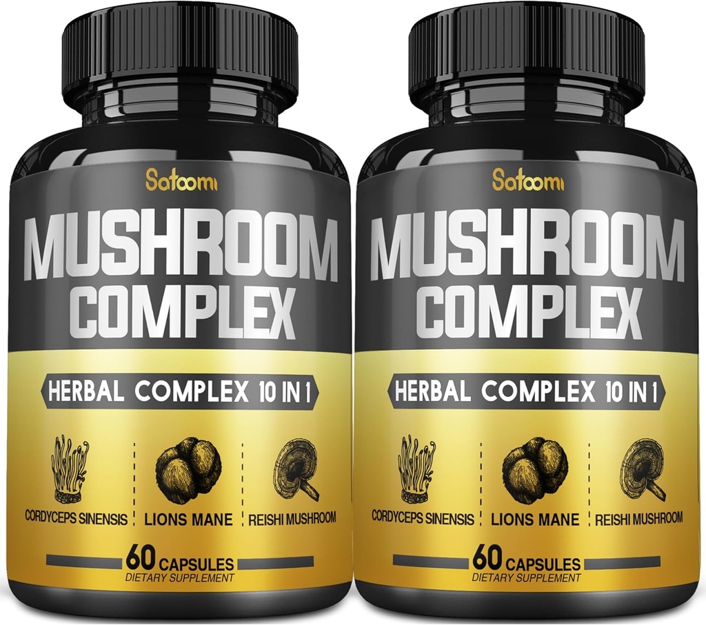 Satoomi 10in1 Mushroom Complex Supplements Kapsler - 4 Måned Supply - Blandinger med Lions Mane, Cordyceps, Reishi, Chaga, Maitake, Shitake & andre - 2 pakker 60 Kapsler