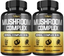 Satoomi 10in1 Mushroom Complex Supplements Kapsler - 4 Måned Supply - Blandinger med Lions Mane, Cordyceps, Reishi, Chaga, Maitake, Shitake & andre - 2 pakker 60 Kapsler