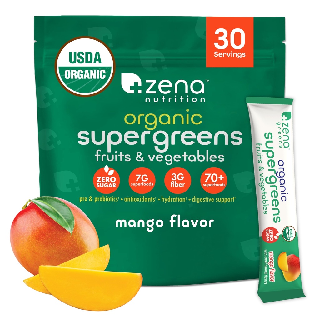 Zena Nutrition Organic Super Green Powder, 70 + Superfoods, 0 Sugar, 3G Fiber, Spirulina, Chlorella, Antioxidanter, Prebiotika / Probiotika, fordøjelsesenzymer, Mango, 30 Drink Mix Pakninger