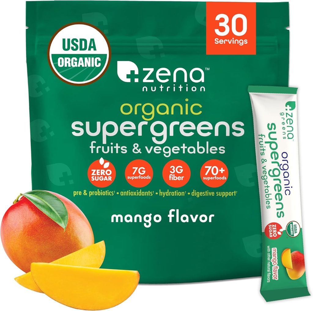 Zena Nutrition Organic Super Green Powder, 70 + Superfoods, 0 Sugar, 3G Fiber, Spirulina, Chlorella, Antioxidanter, Prebiotika / Probiotika, fordøjelsesenzymer, Mango, 30 Drink Mix Pakninger