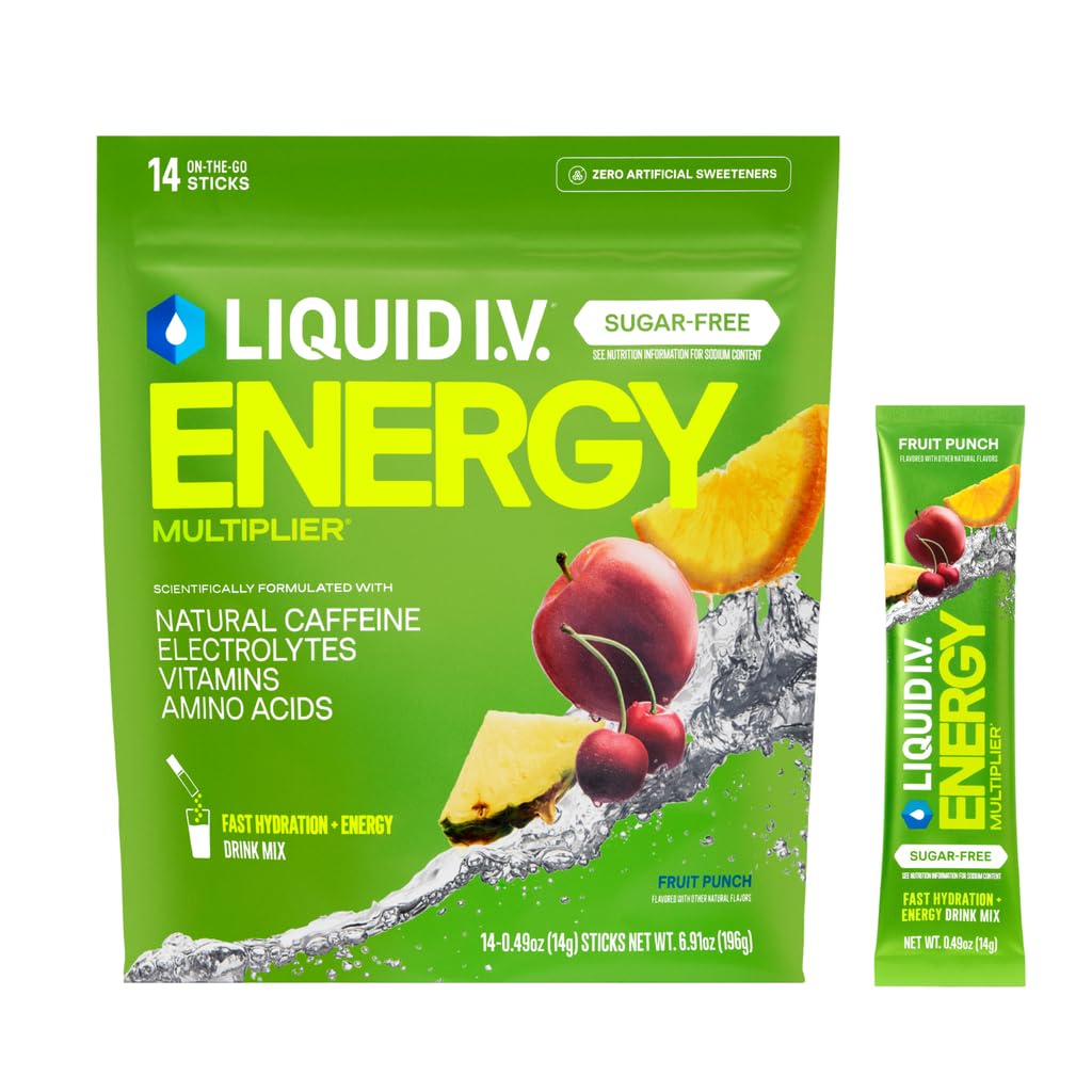 Liquid I.V.® Hydration Multiplier Sugar-Free + Energy - Fruit Punch | Electrolyte Powder Drink Mix | 1 Pack (14 Servings)