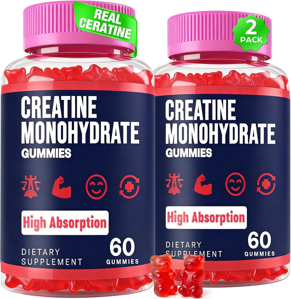 Creatine Monohydrate Gummies for Kvinder & Mænd, Taurine & B6, Chewable Creatina Pre Workout Gummies for Max Strength & Muscle Growth, Energy, Endurance, Creatin for Mænd & Kvinder - 2 flasker