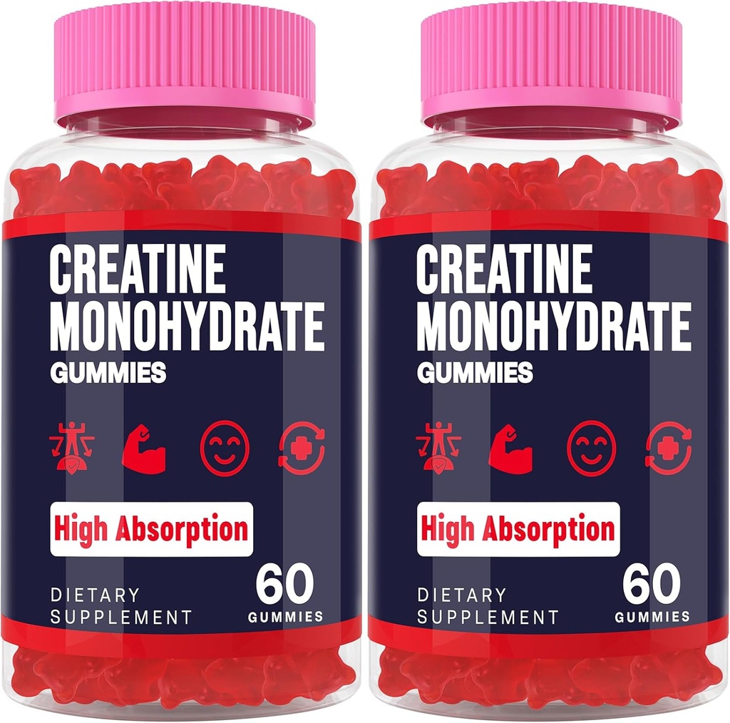 Creatine Monohydrate Gummies for Kvinder & Mænd, Taurine & B6, Chewable Creatina Pre Workout Gummies for Max Strength & Muscle Growth, Energy, Endurance, Creatin for Mænd & Kvinder - 2 flasker