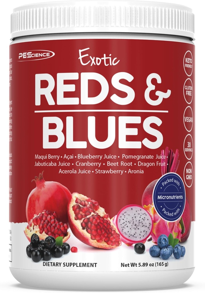 PEScience Reds & Blues Superfoods Powder, 30 Servering, Myo- Inositol Supplement, Beet Root Powder, Pomegranat og Acai Extract, Frysetørret Antioxidant Fruit Blend