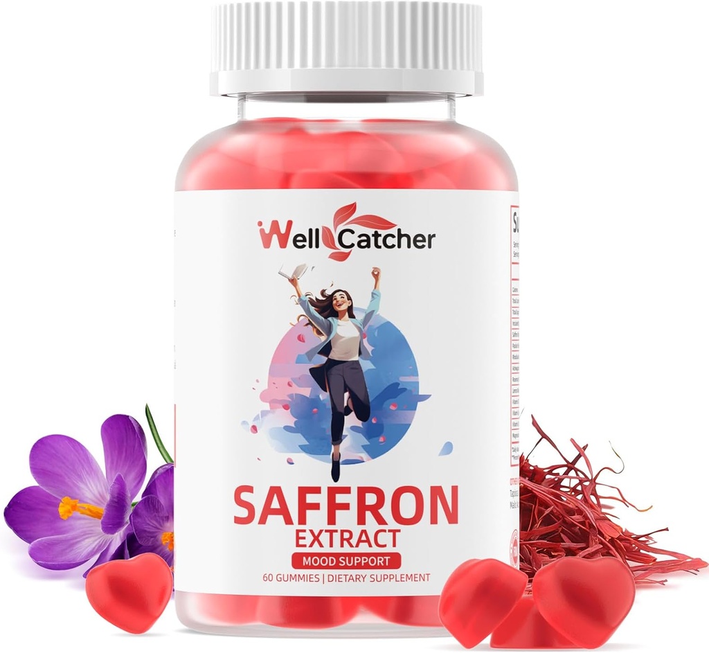 Saffron Gummies til voksne børn - Organic Saffron Extract Supplement for Mænd Kvinder Sukker Gratis for Mood Balance Support Bedre søvn Metabolisme med Vitaminer Ikke GMO Jordbærsmag 30 dages forsyning
