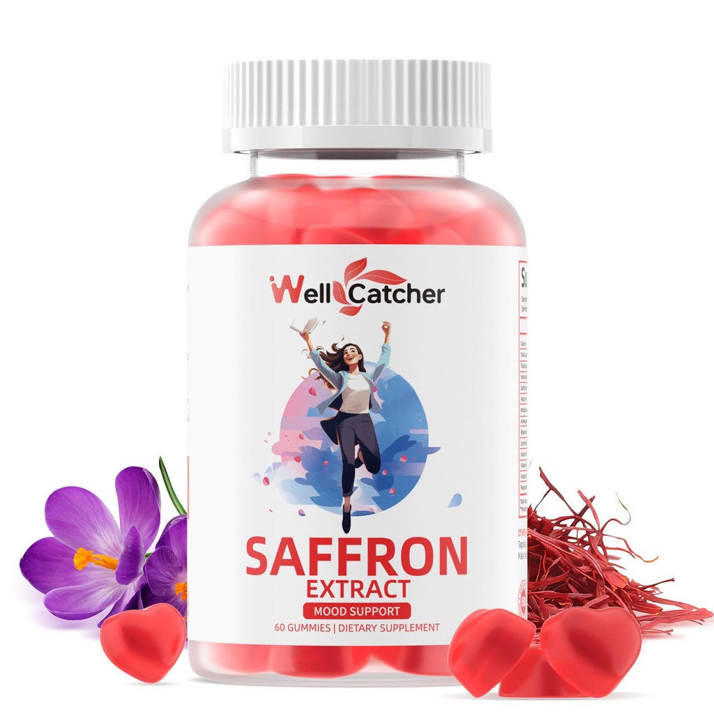 Saffron Gummies til voksne børn - Organic Saffron Extract Supplement for Mænd Kvinder Sukker Gratis for Mood Balance Support Bedre søvn Metabolisme med Vitaminer Ikke GMO Jordbærsmag 30 dages forsyning