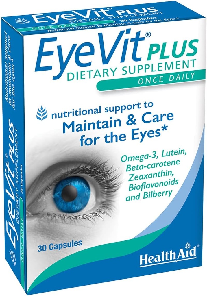 EyeVit Plus - Once- Daily Eye Health Supplement Note 124; 30 Kapsler Note 124; Indeholder Omega-3, Lutein, Beta- Caroten, Zeaxanthin, Bioflavonoider & Bilberry