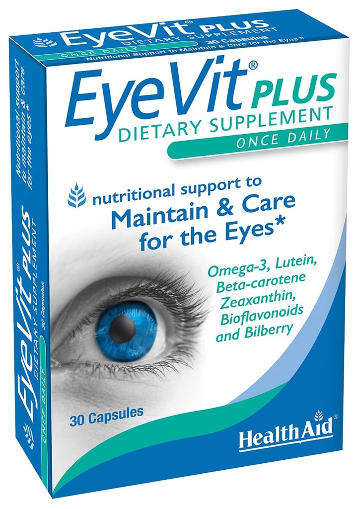EyeVit Plus - Once- Daily Eye Health Supplement Note 124; 30 Kapsler Note 124; Indeholder Omega-3, Lutein, Beta- Caroten, Zeaxanthin, Bioflavonoider & Bilberry