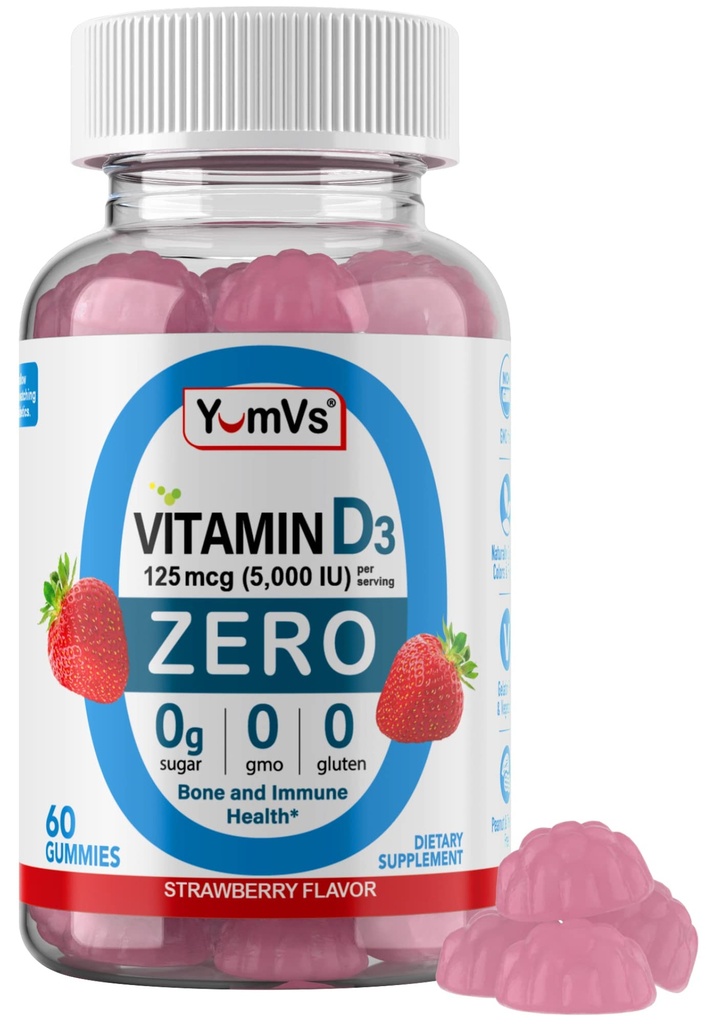 Yum- Vs - Vitamin D3 Gummies med Zero Sugar for Voksnes & Kids (125 mcg - 60 greve) - Sugar Free Vitamin D Gummies - Vegetariske Gummies Vitamin til Knoglernæring og immunforsvar - Vit D3 Vitamin Chewable
