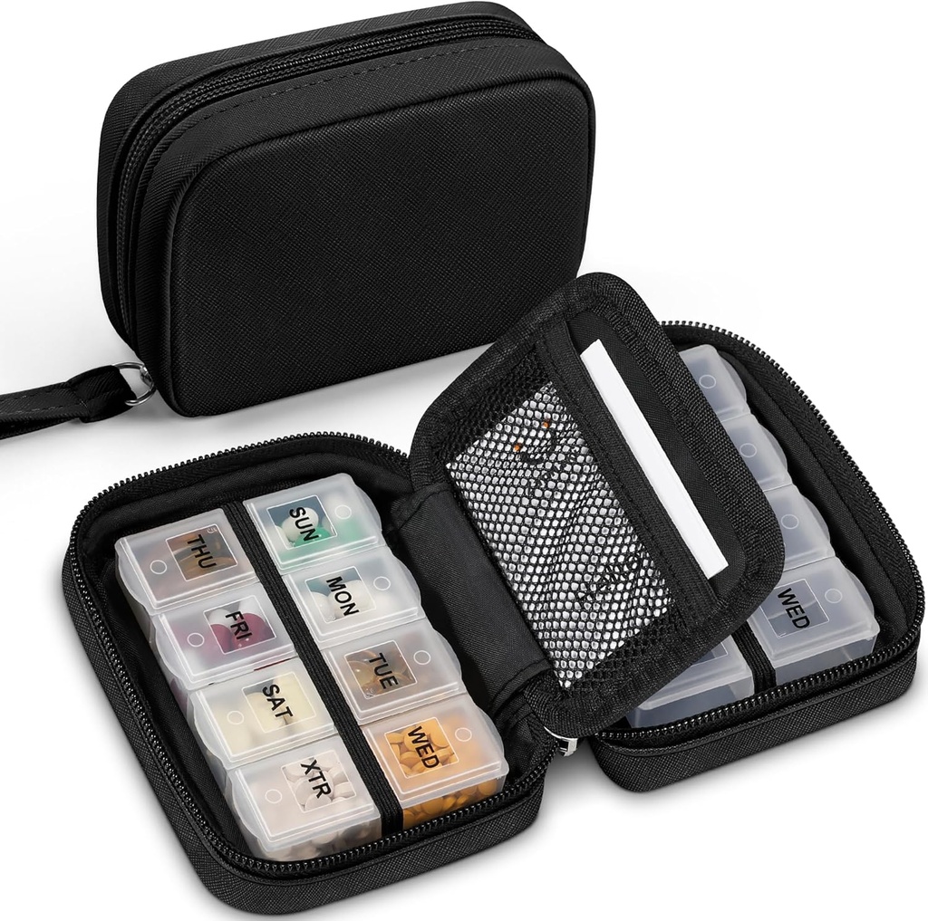 Zannaki Cute Pill Organizer for Purse with Two Removable 7-Day Pill Box, Travel PU Leather Pill Case, Portable Weekly Pill Container with Storage Bag to Hold Vitamins, Fish Oils, Supplements (Black)