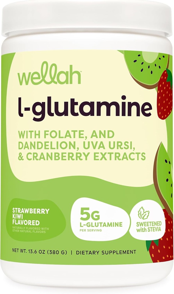 Wellah L- Glutamin Powder Strawberry Kiwi (50 Servere) - 5g L- Glutamin Per Servering, Sødet med Stevia